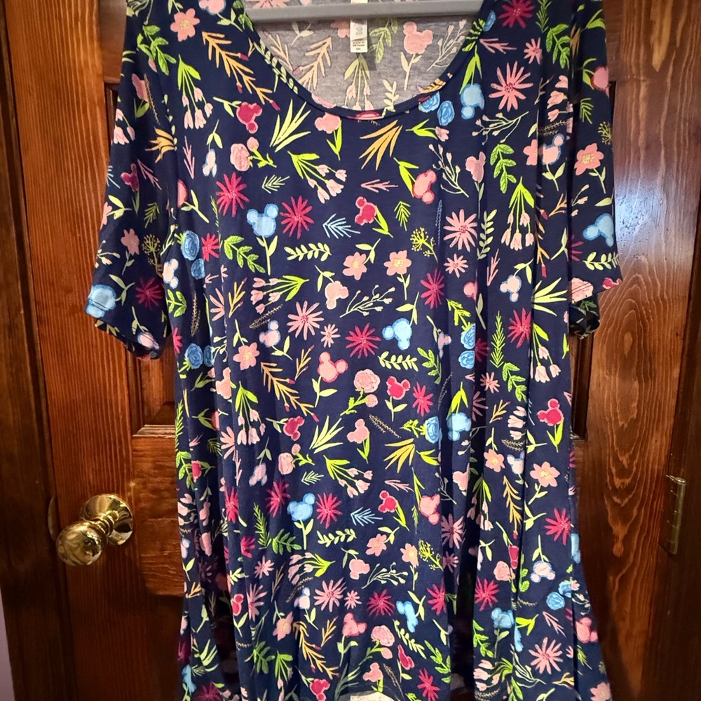 LuLaRoe Disney Floral Short Sleeve Top - Navy with Pink and Green Accents